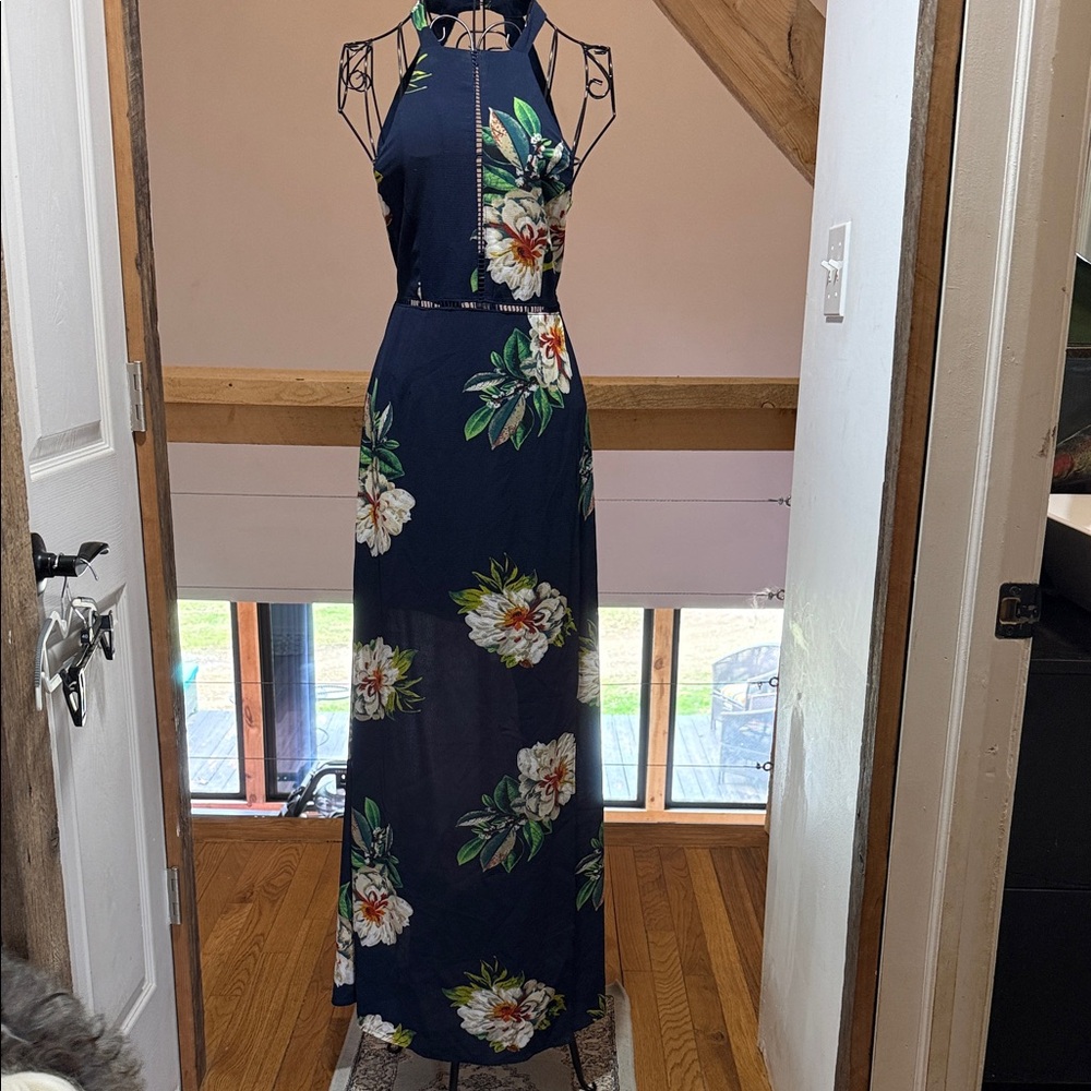 Floral Navy Halter Maxi Dress with Green Accents